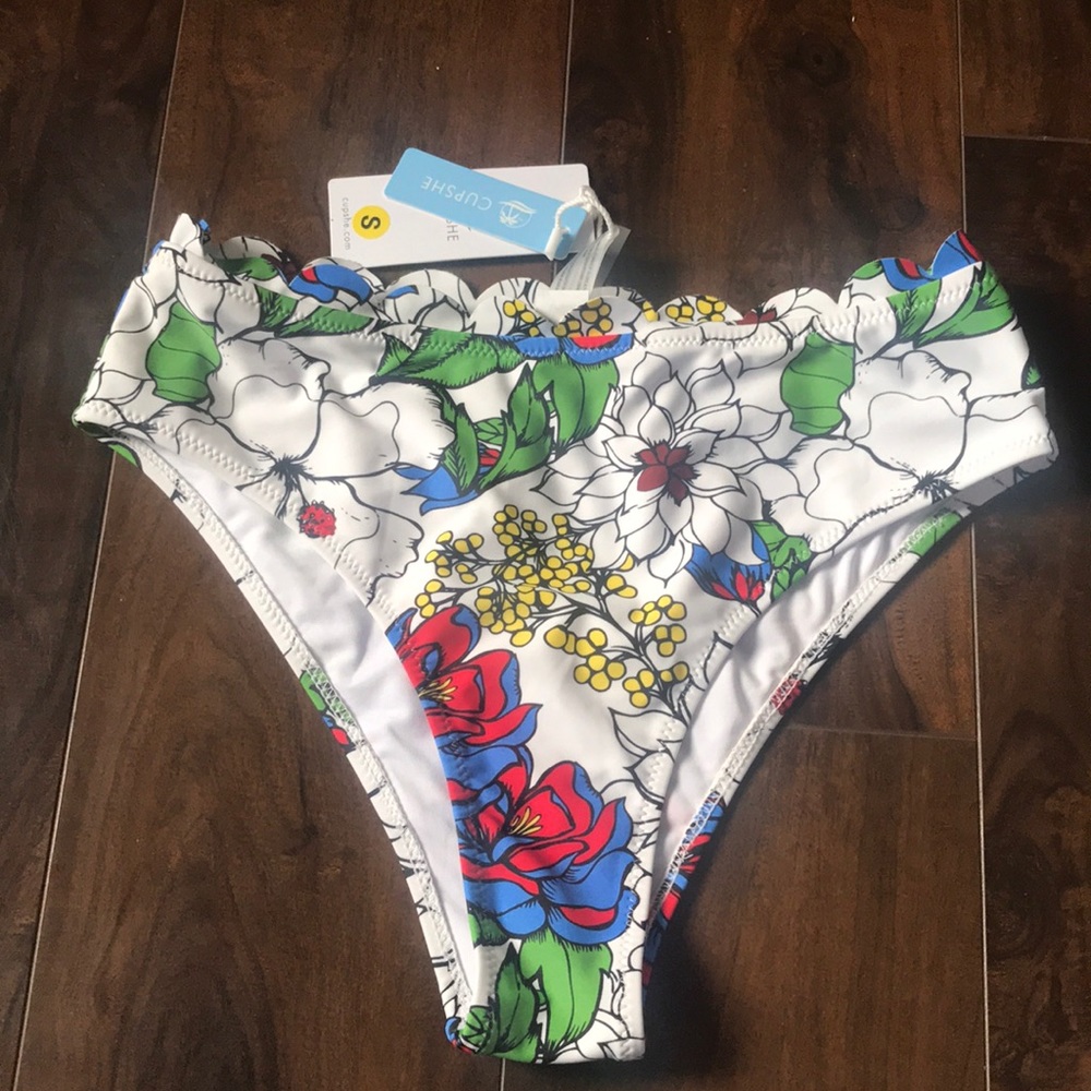 Cupshe White Floral Bikini Bottom with Red Blue Green Accents